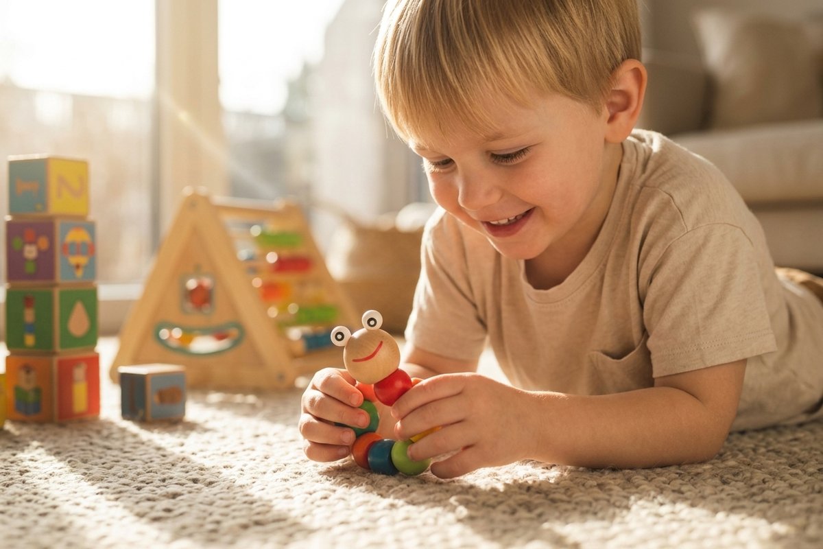 Wooden toy staged in a bright playroom